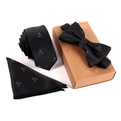 Skull & Crossbones Necktie, Bowtie & Handkerchief Set